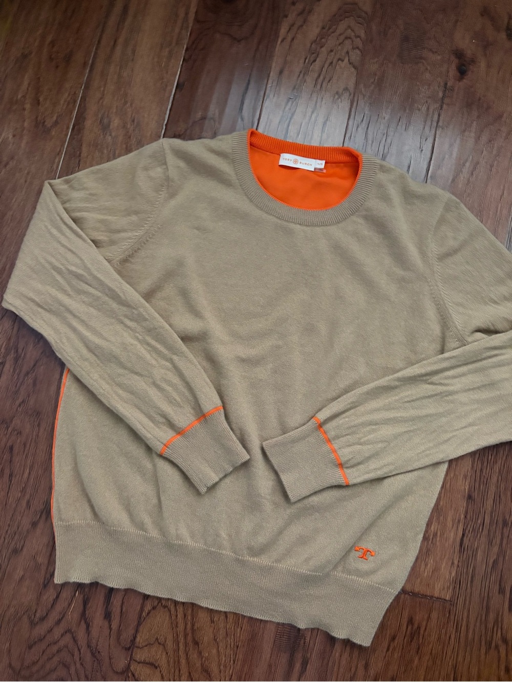 Tory Burch Cashmere Taupe Crewneck Sweater with Orange Accents Size XL